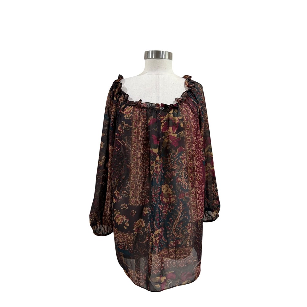 Chaps Womens 2X Burgundy Floral Paisley Sheer Ruffle Neck Peasant Blouse Top